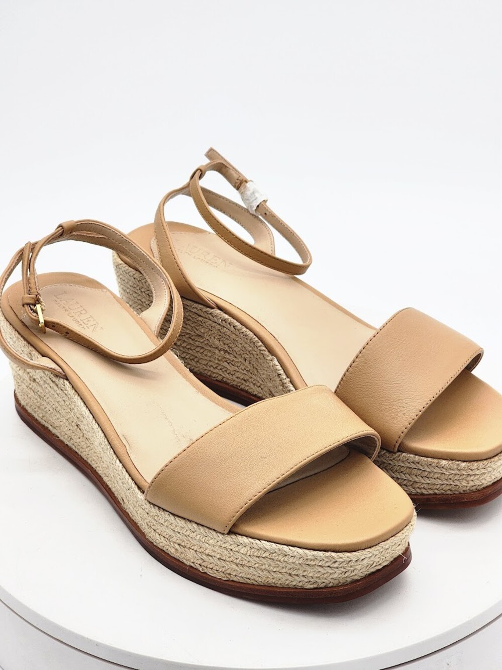 Lauren Ralph Lauren Leona Buff Leather Espadrille Wedge Sandals Women Size 9